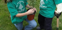 Two children in green shirts holding a plant.